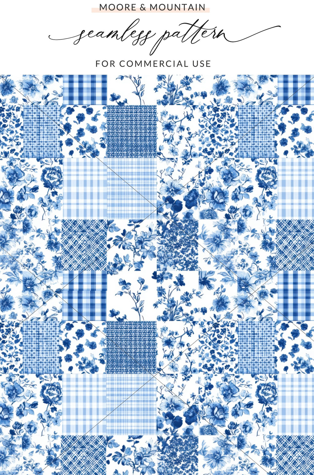 Blue and White Floral and Plaid Seamless Pattern for Commercial Use