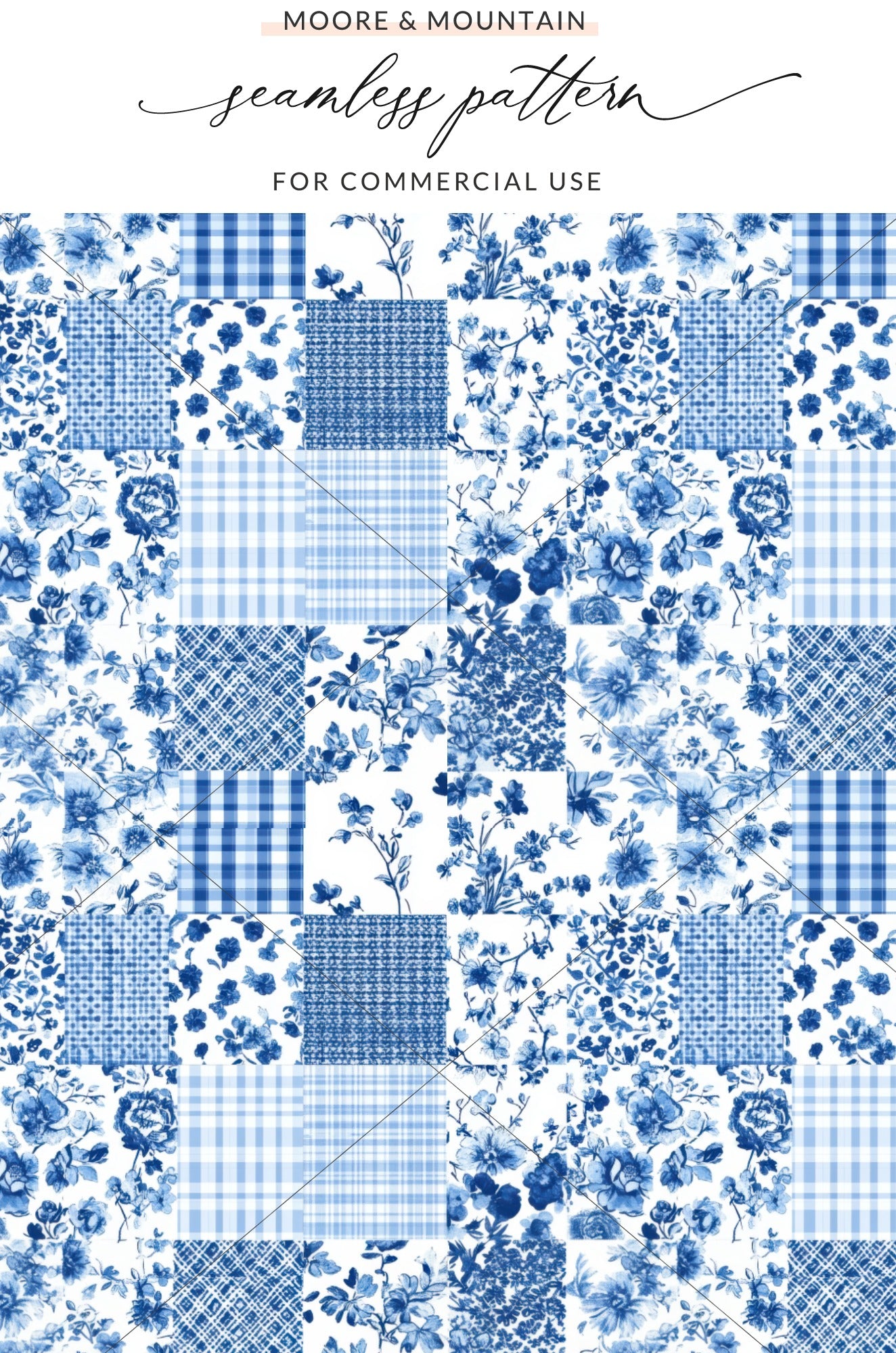 Blue and White Floral and Plaid Seamless Pattern for Commercial Use