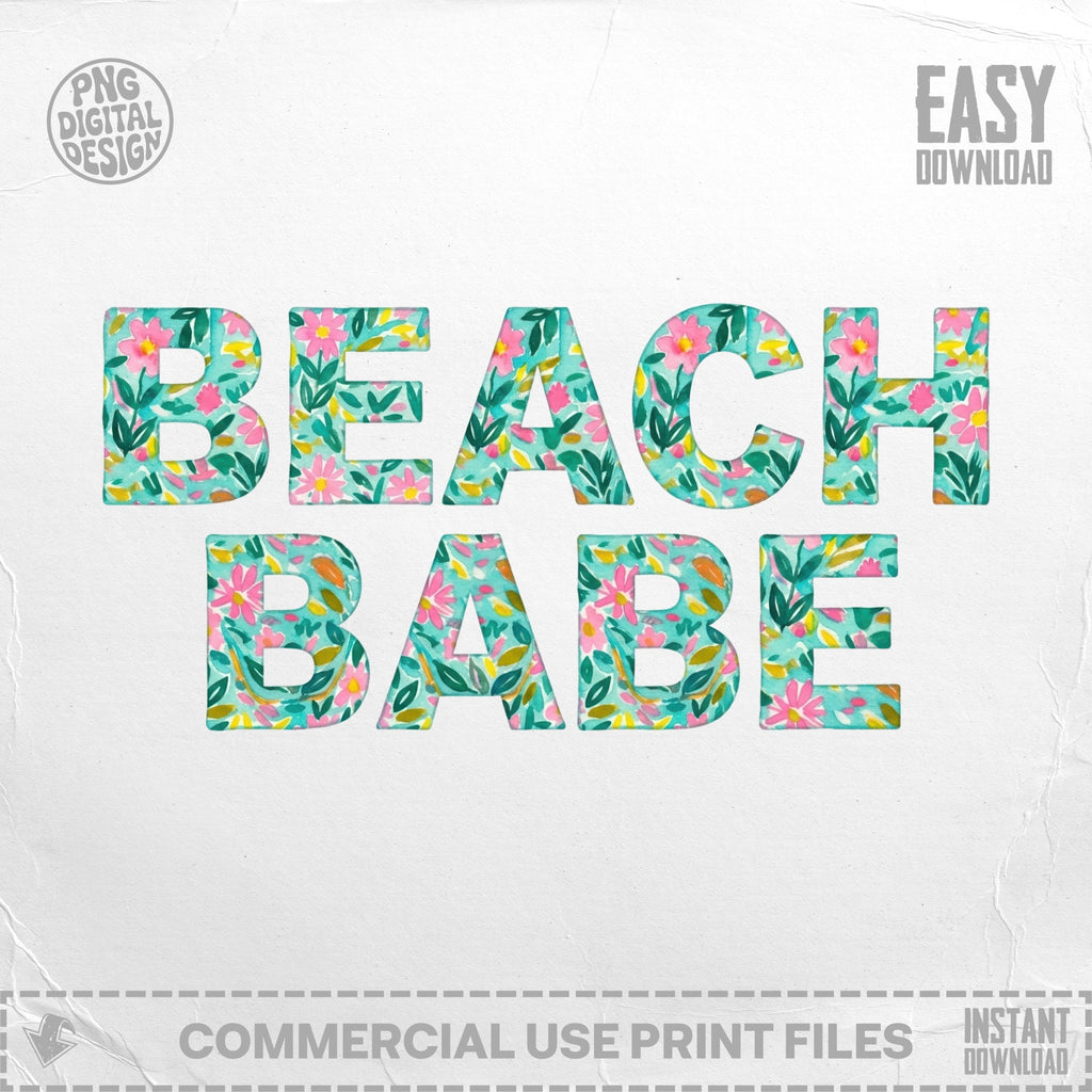 Beach Babe text with floral watercolor pattern.