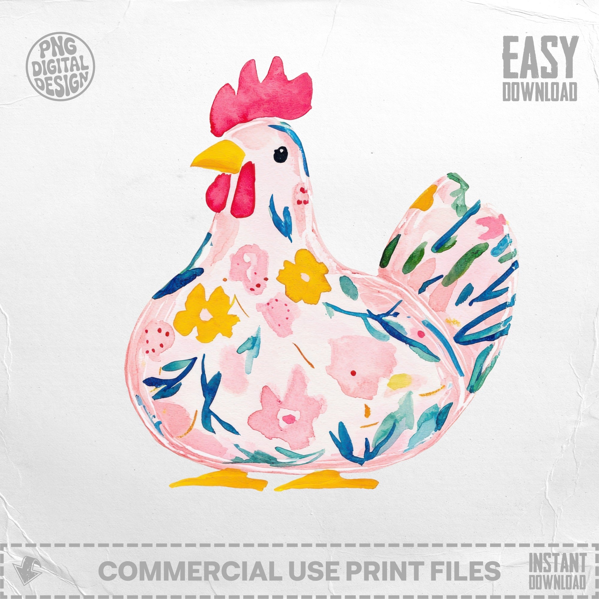 Watercolor illustration of a stylized chicken with floral patterns.