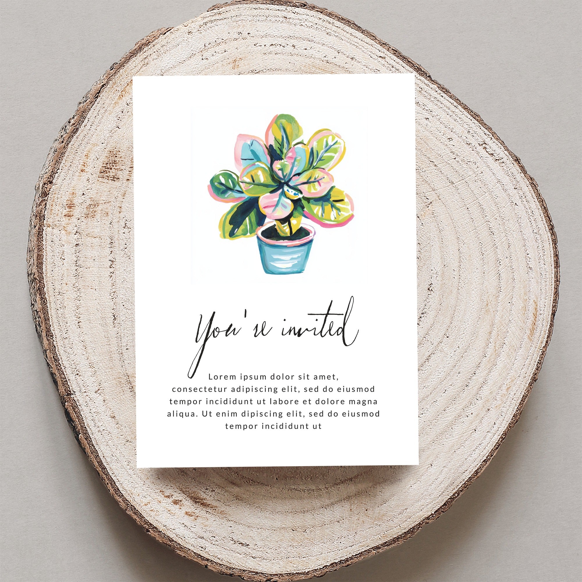 Invitation card with potted plant illustration and "You're invited" text.