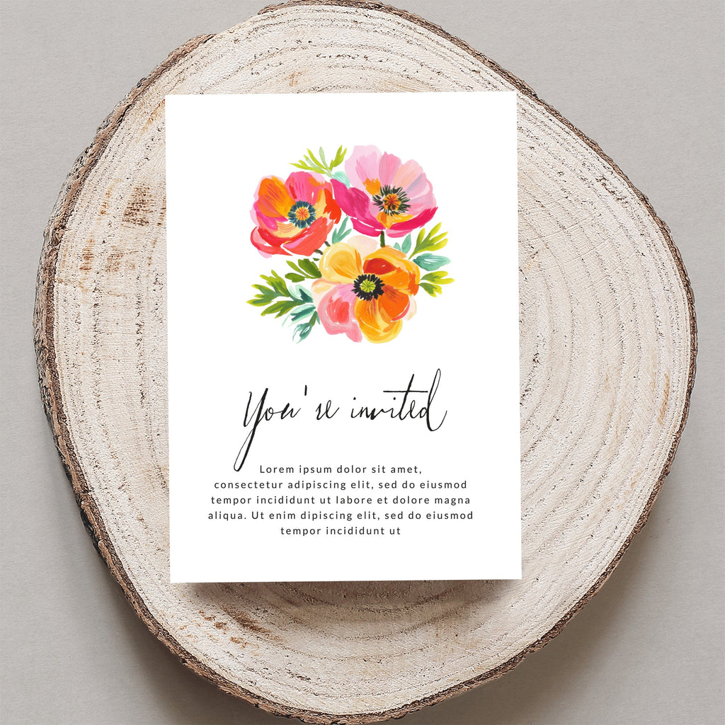 "You're invited" card with floral illustration and placeholder text.