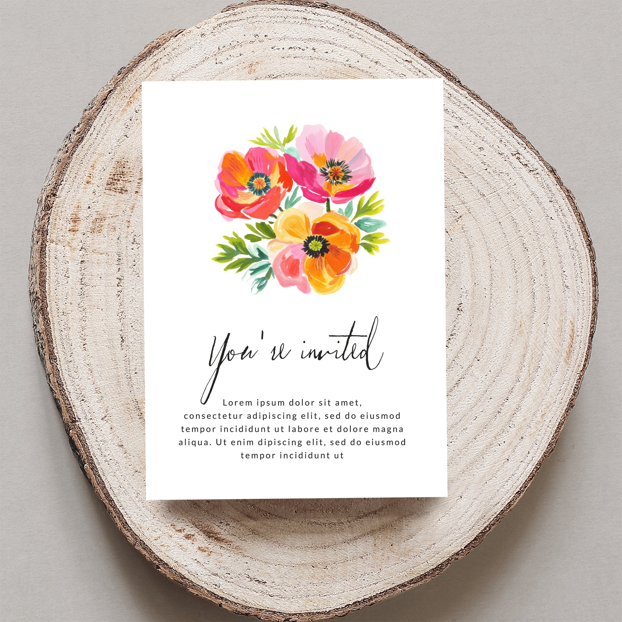 "You're invited" card with floral illustration and placeholder text.