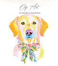 Golden retriever with a colorful floral bow tie, titled "Clip Art".