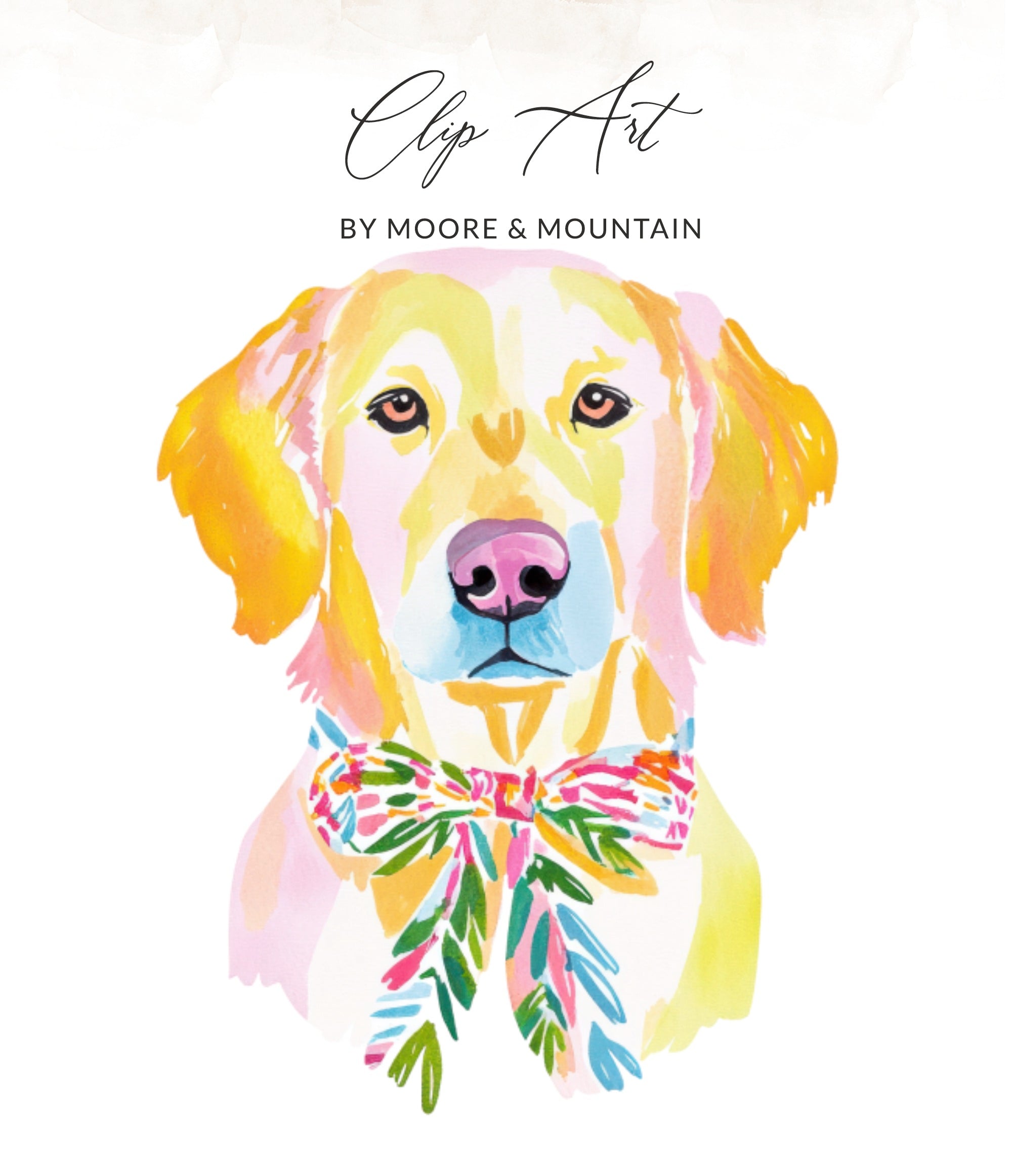 Golden retriever with a colorful floral bow tie, titled "Clip Art".