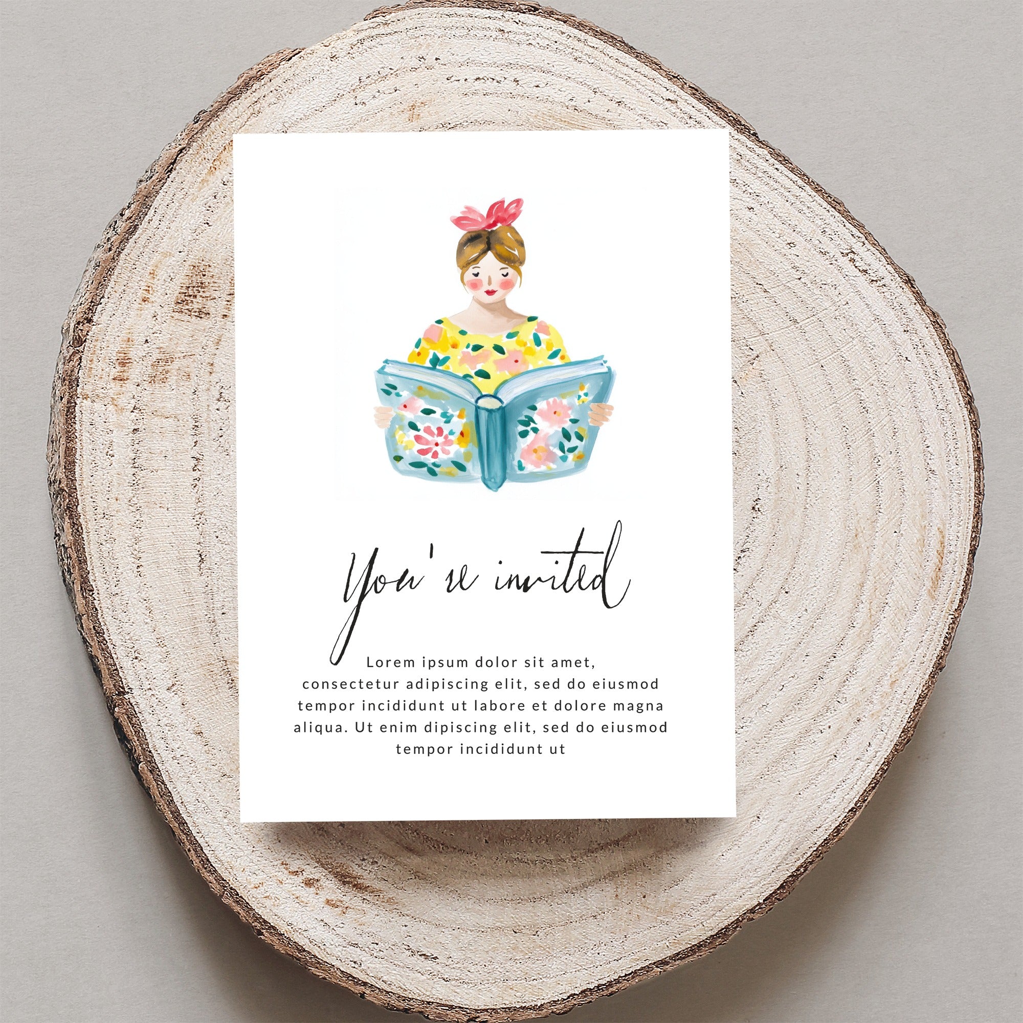 Invitation card with floral illustration and "You're invited" text.