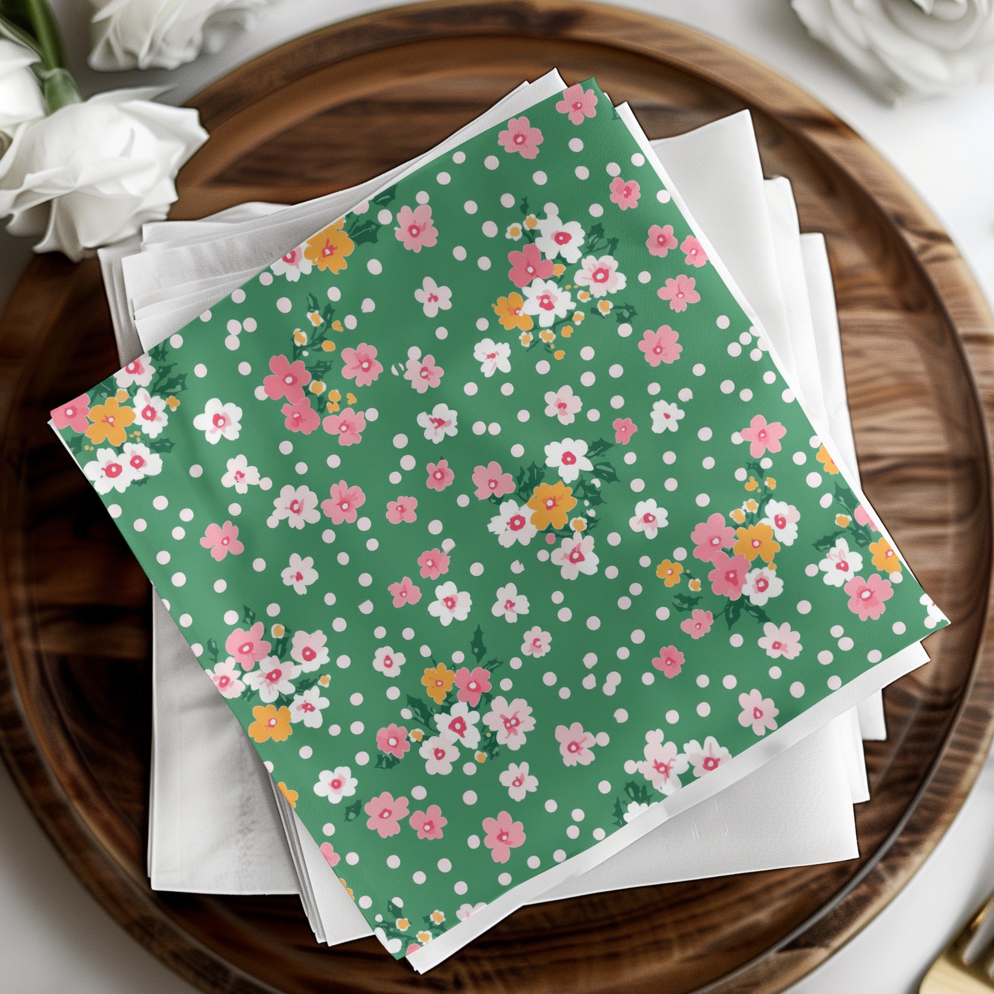 Green Floral Polka Dot Design Napkin Set for Various Occasions