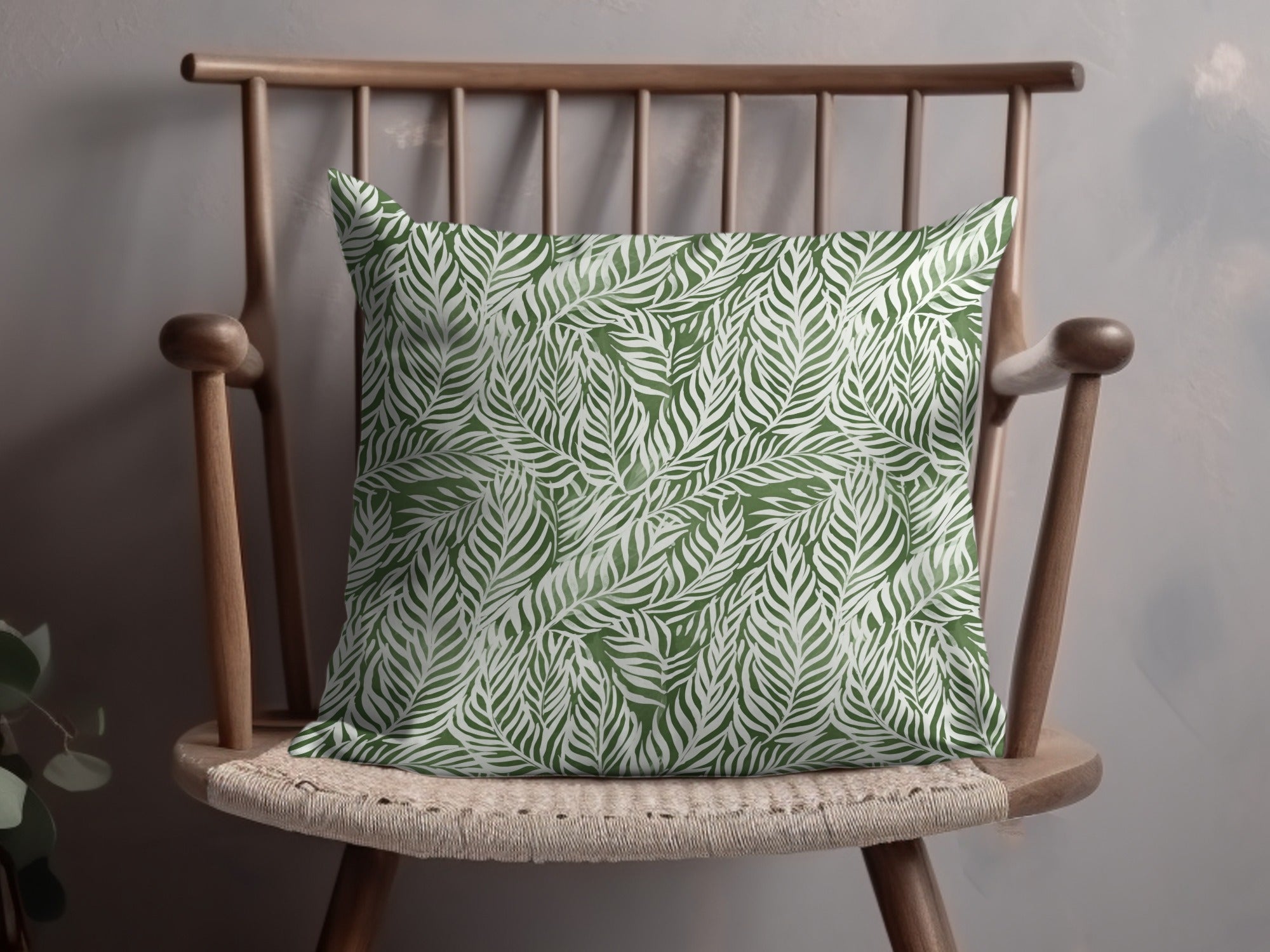 Green and White Leaf Patterned Throw Pillow Product