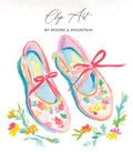 Watercolor illustration of two ballet flats with floral pattern and pink bows.