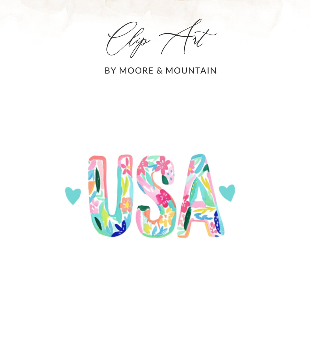 "USA" in colorful floral font with blue hearts on white background.