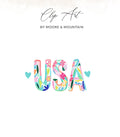 "USA" in colorful floral font with blue hearts on white background.