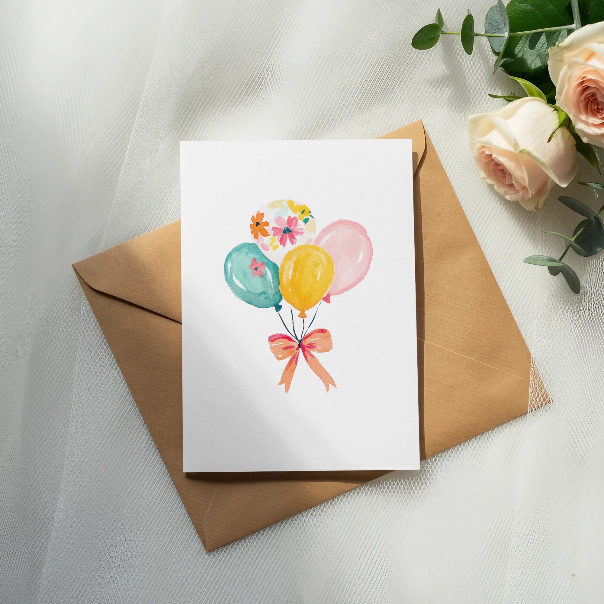 Card with watercolor balloons and bow, on kraft envelope.