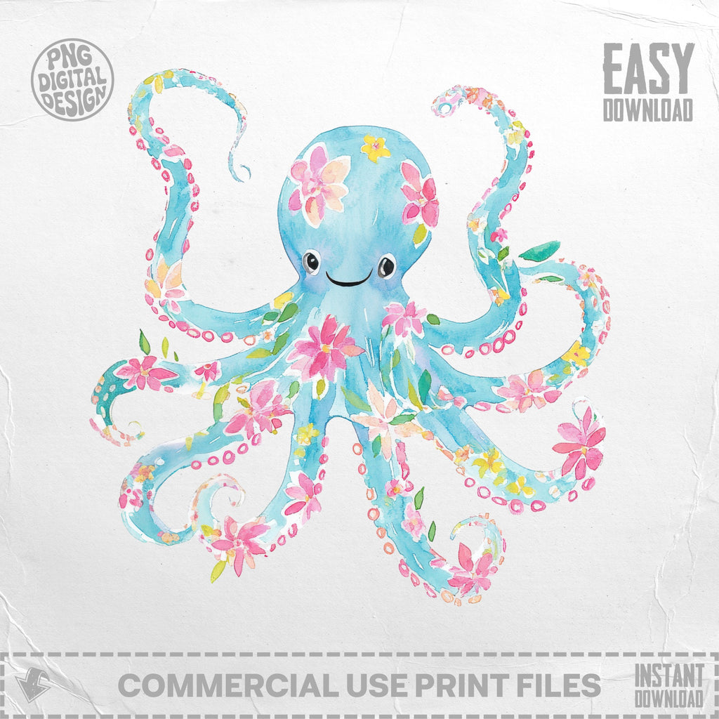 Watercolor illustration of a light blue octopus with floral accents.