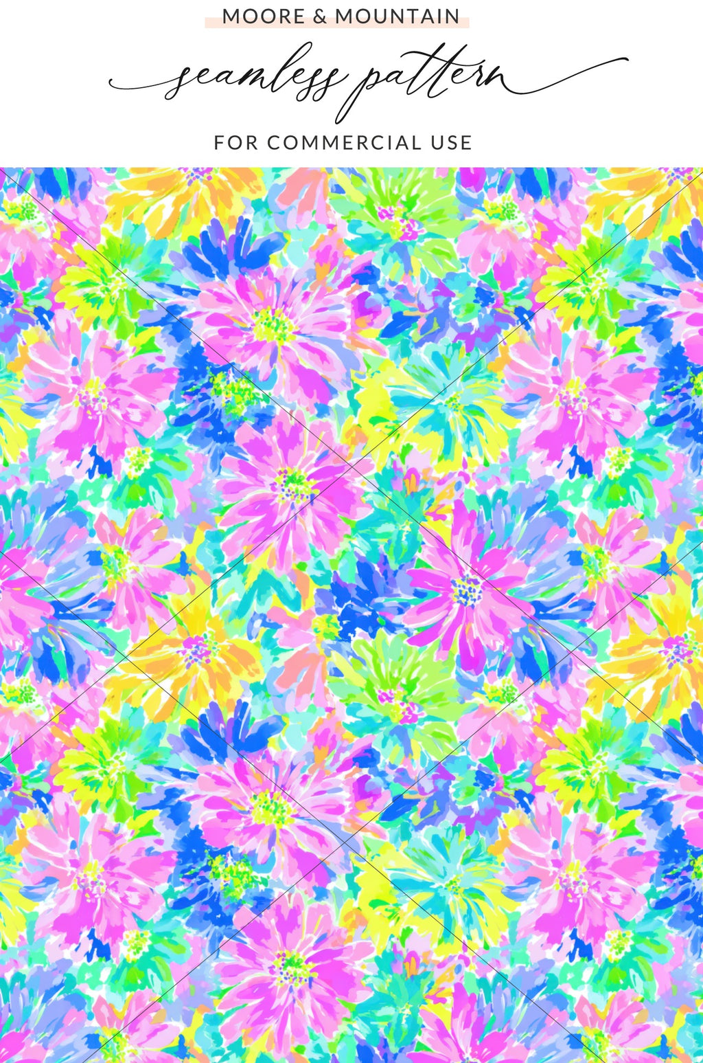 Pink, blue, and yellow dahlia floral pattern on a diagonal grid.