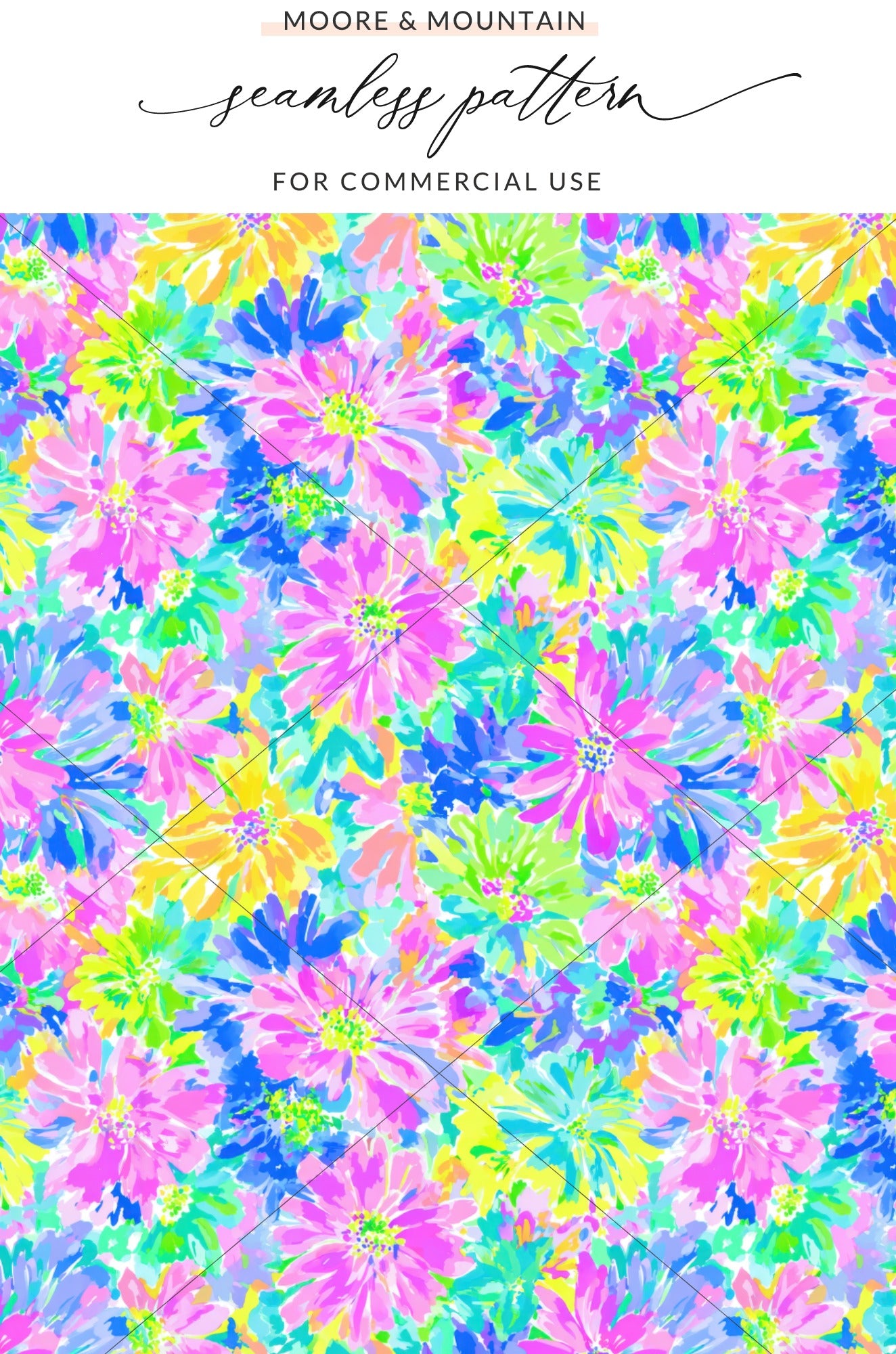 Pink, blue, and yellow dahlia floral pattern on a diagonal grid.