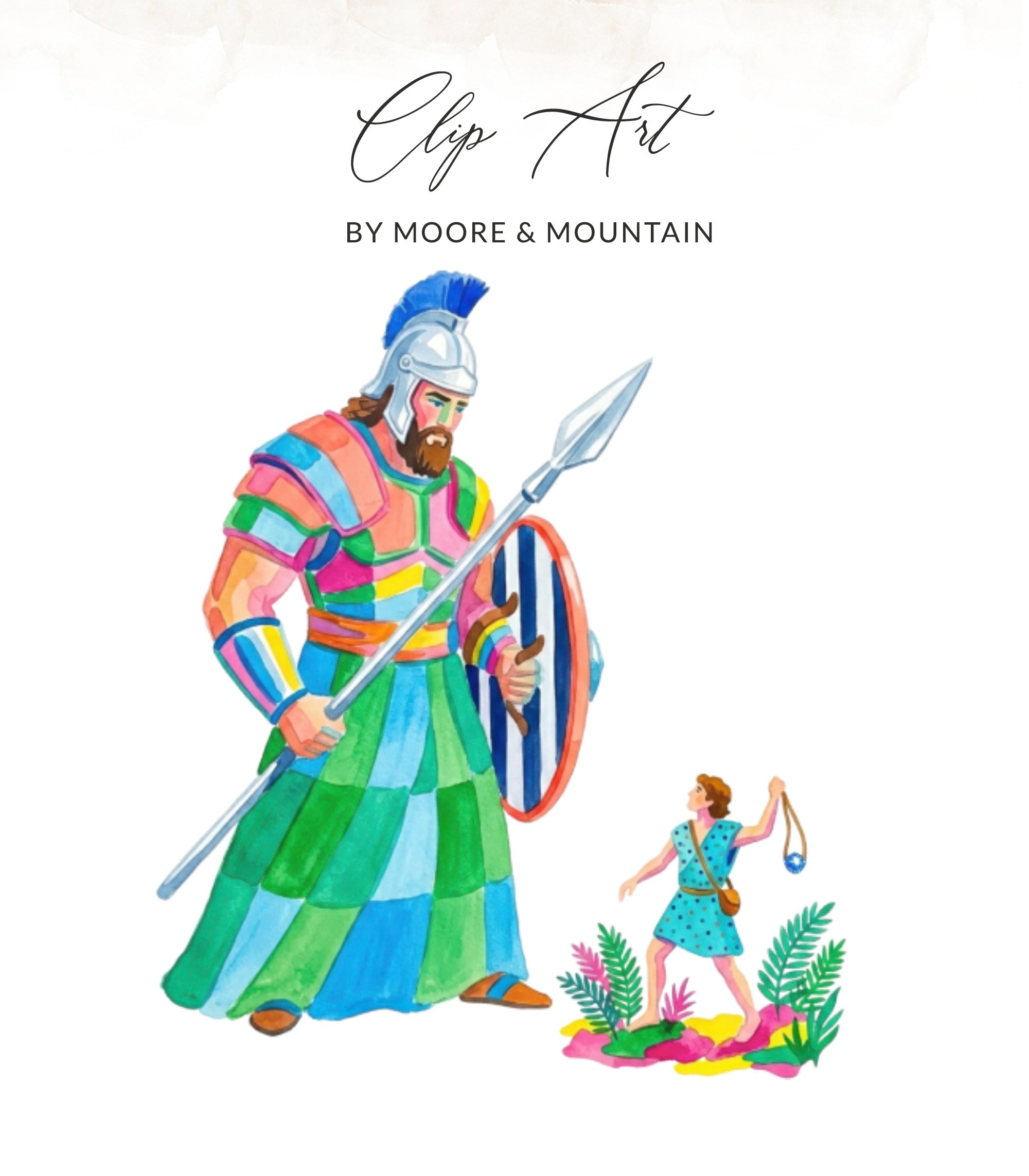 Watercolor illustration of a giant and a small figure with a slingshot.