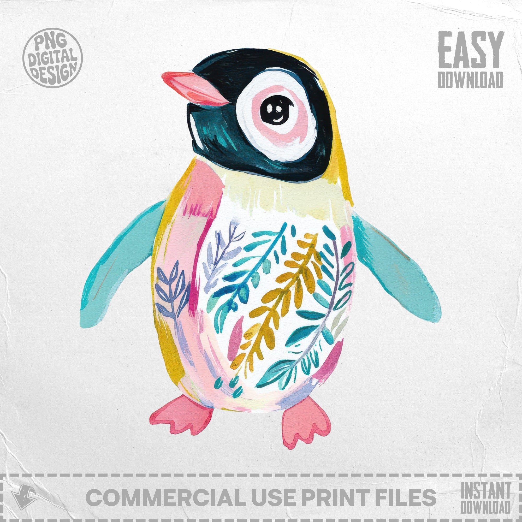 Painted penguin with colorful floral patterns and text "Easy Download".