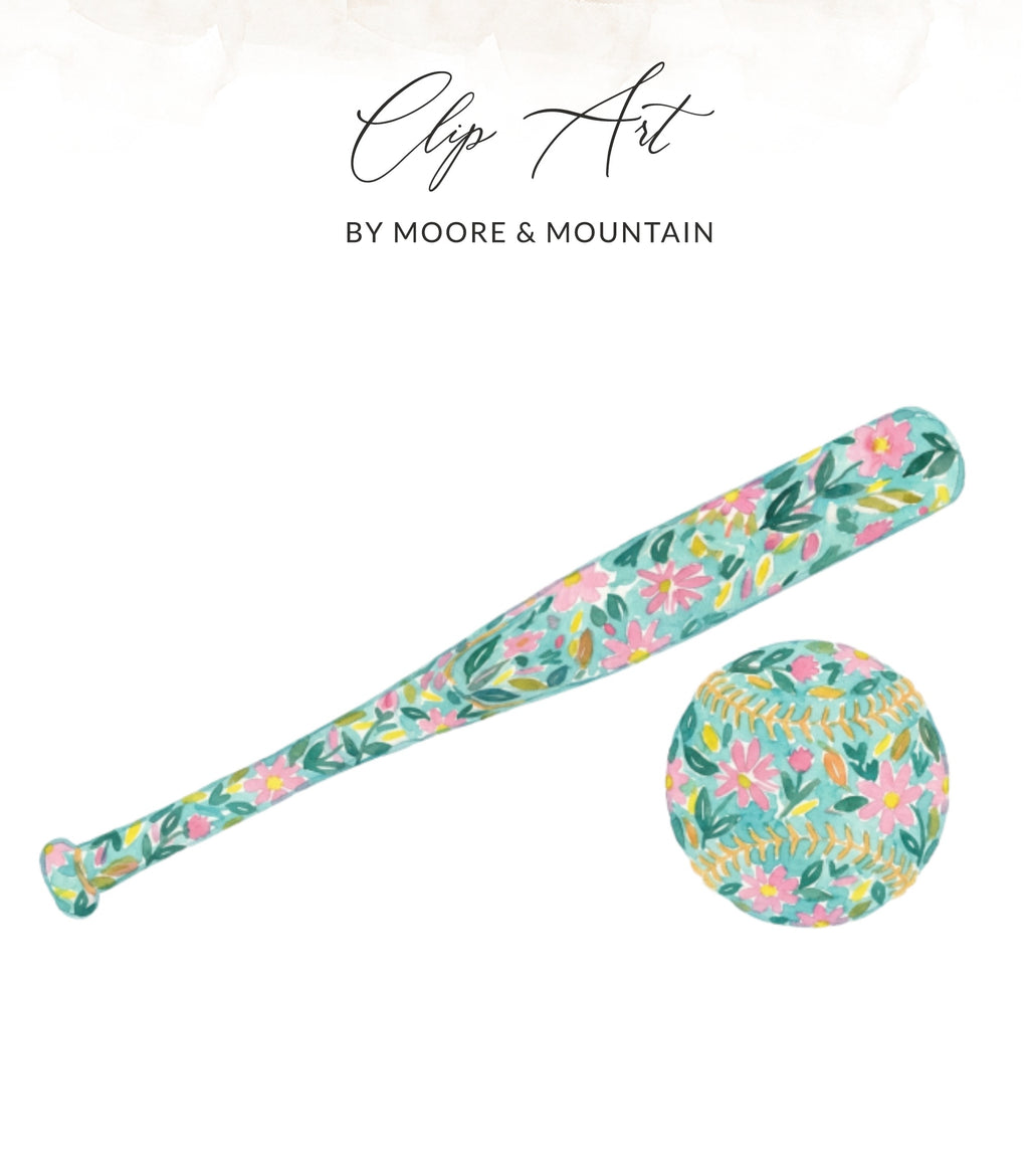 Watercolor clip art of a floral baseball bat and ball.