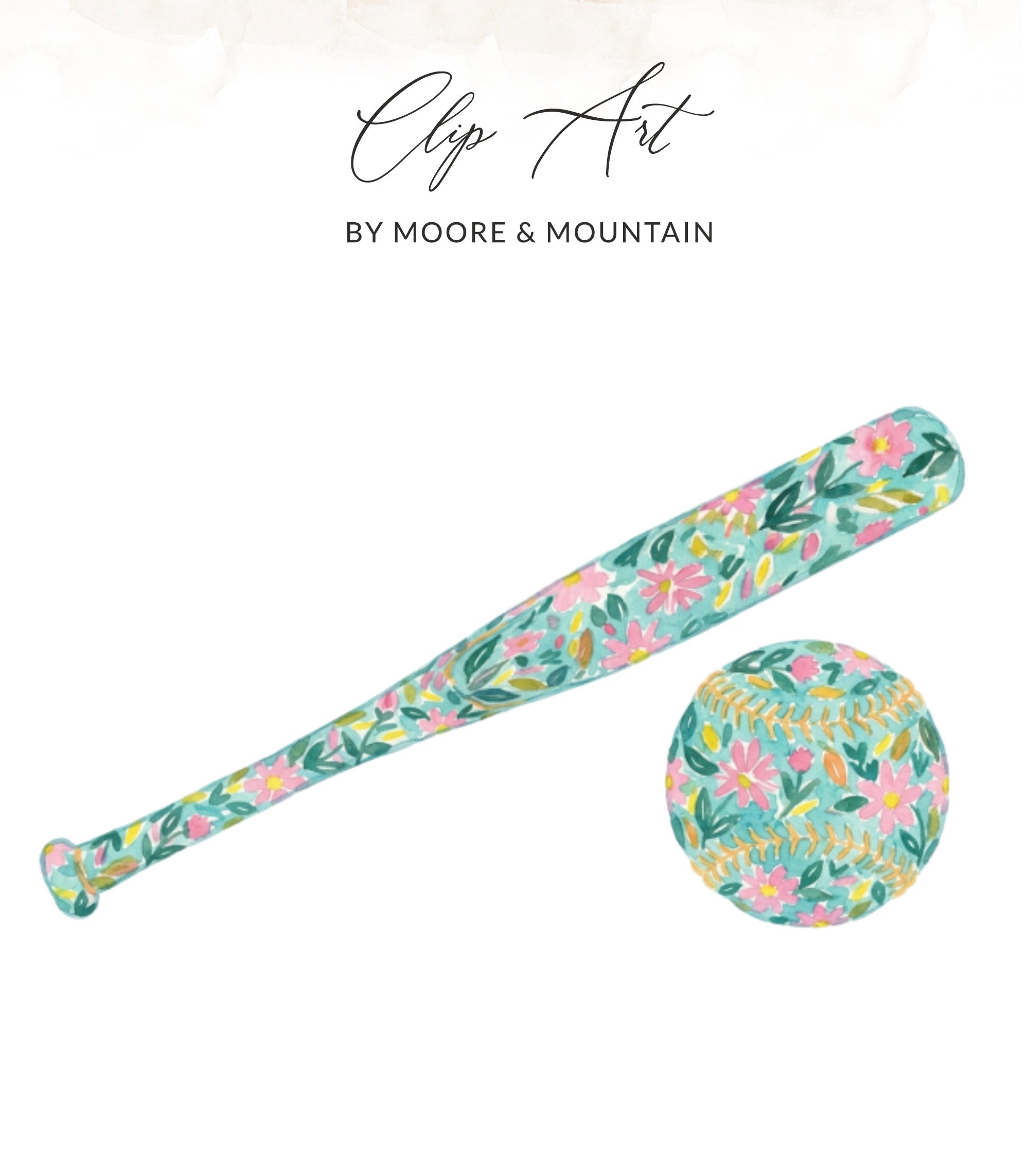 Watercolor clip art of a floral baseball bat and ball.