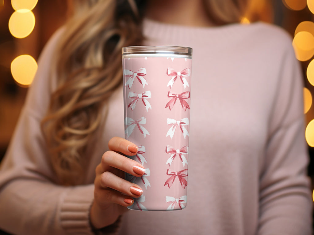 Pink Tumbler With Decorative Bow Design Drinkware