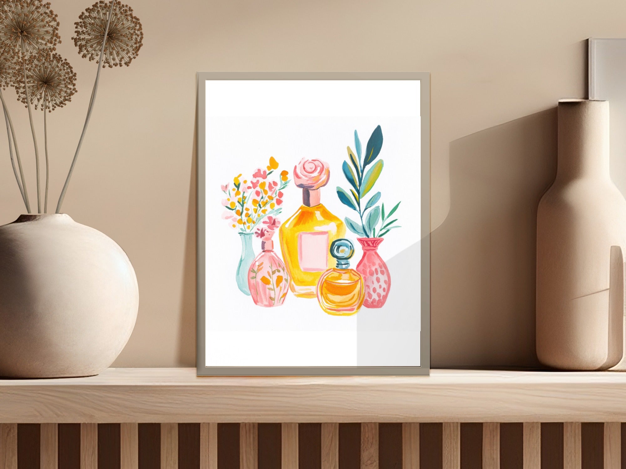 Watercolor art of colorful perfume bottles and floral arrangements in vases.