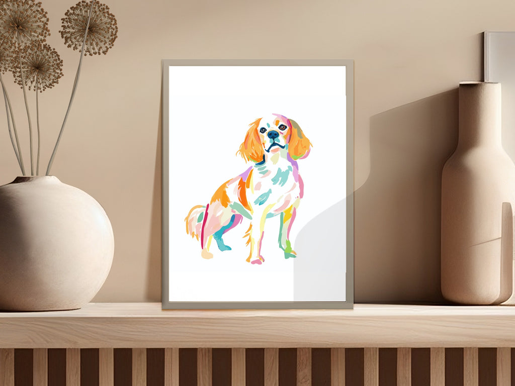 Colorful abstract painting of a Cavalier King Charles Spaniel on a shelf.