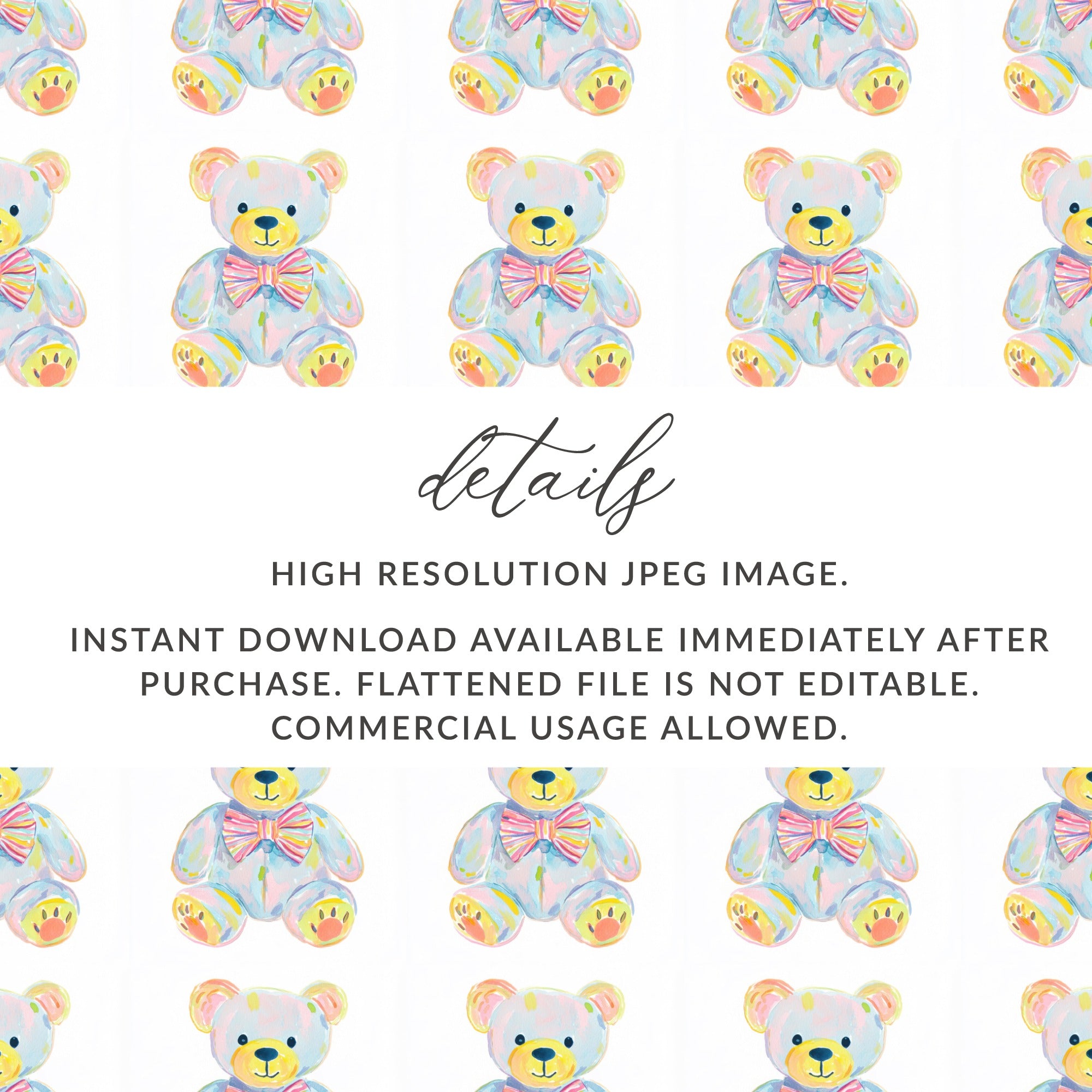 Sweet Watercolor Pastel Teddy Bear Pattern Seamless product type
watercolor teddy bear
pastel bear pattern
seamless teddy design
baby nursery print
childroom decor
cute bear art
digital paper bear
scrapbook pattern
wrapping paper design
fabric print teddy
nursery wallpaper
baby shower theme
gentle bear illustration
kawaii teddy pattern
soft colors design
kids room print
instant download
commercial use
printable teddy file
teddy bear background