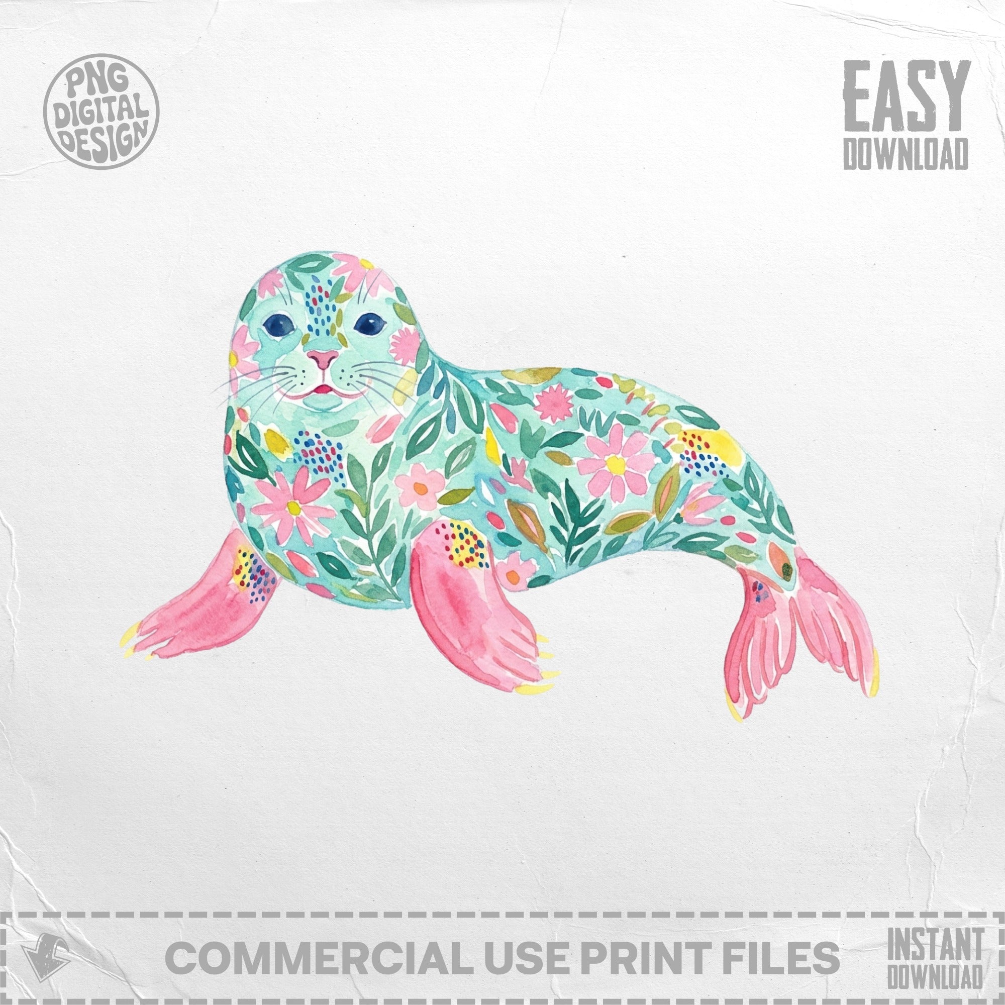 Watercolor seal illustration with floral pattern on its body.