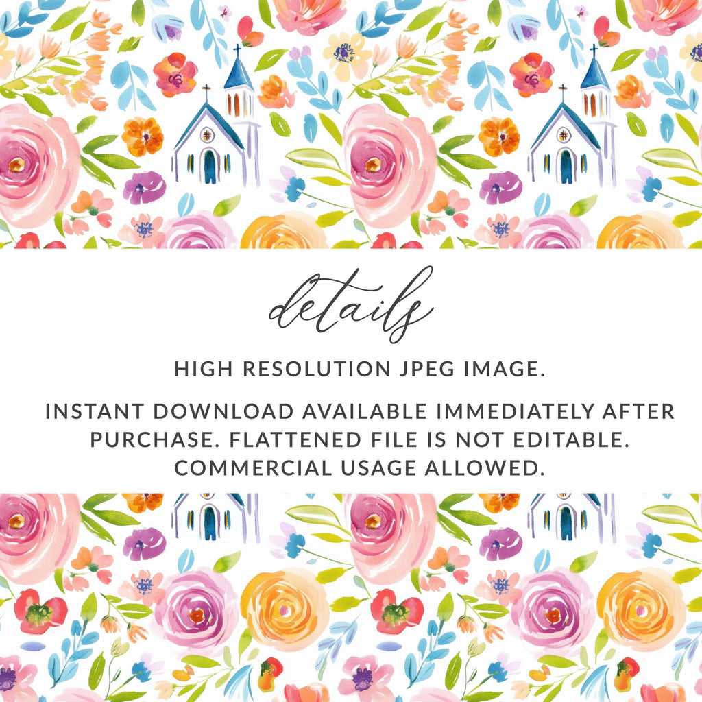 Watercolor Floral and Church Digital Download Image