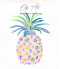 Pink watercolor pineapple with green leaves and floral pattern.