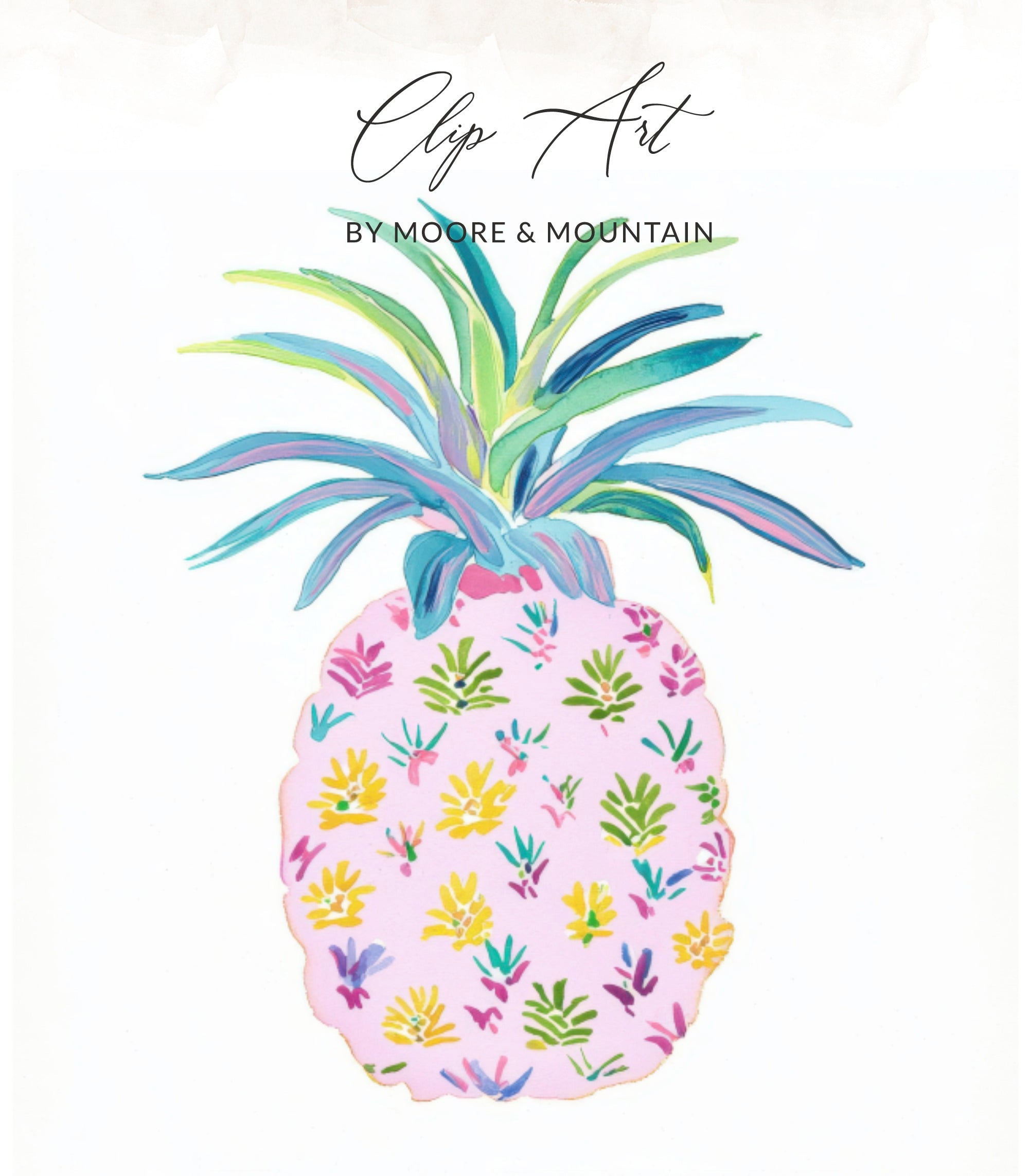 Pink watercolor pineapple with green leaves and floral pattern.