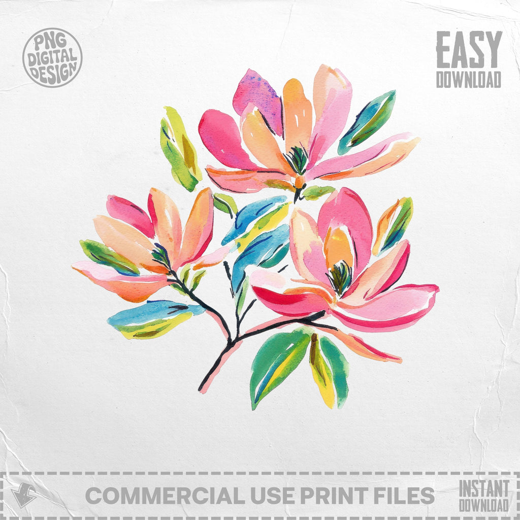 Watercolor illustration of three pink and orange flowers with green leaves on a branch.