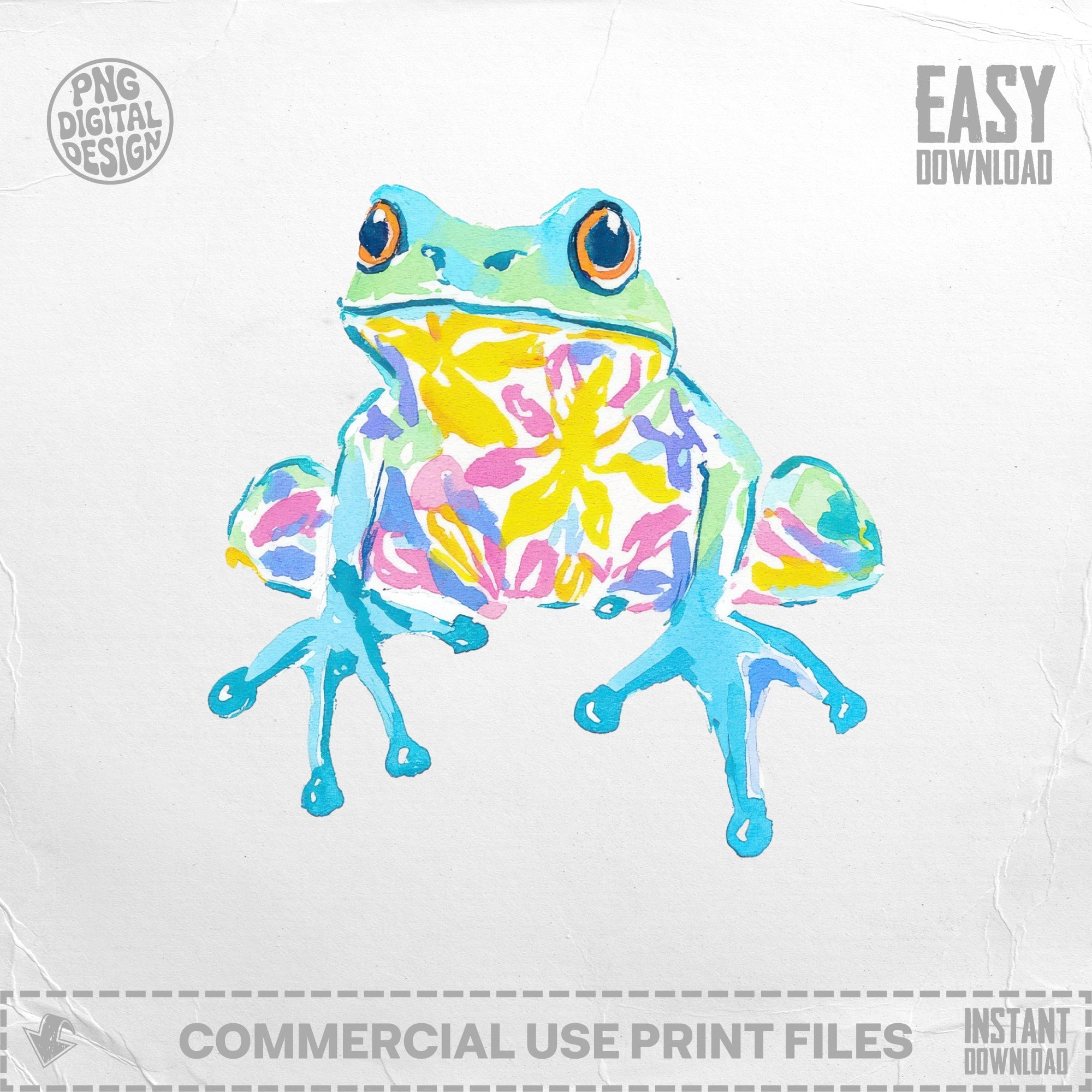 Whimsical watercolor frog with colorful floral pattern on its belly.