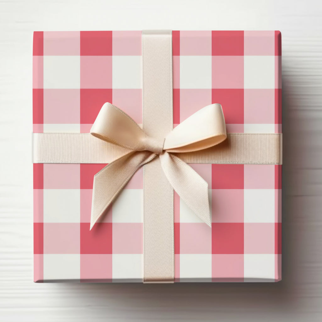 Pink and White Checkered Gift Wrap Box with Cream Ribbon