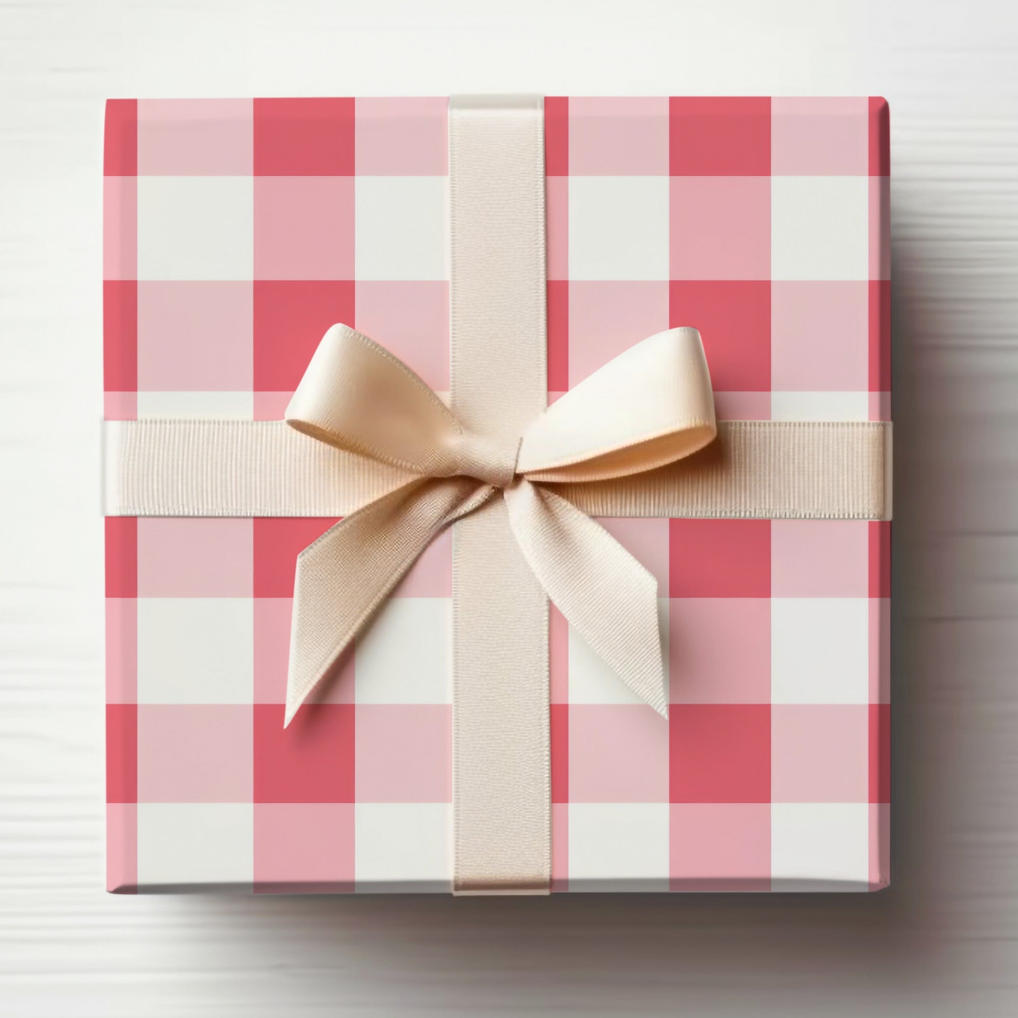 Pink and White Checkered Gift Wrap Box with Cream Ribbon