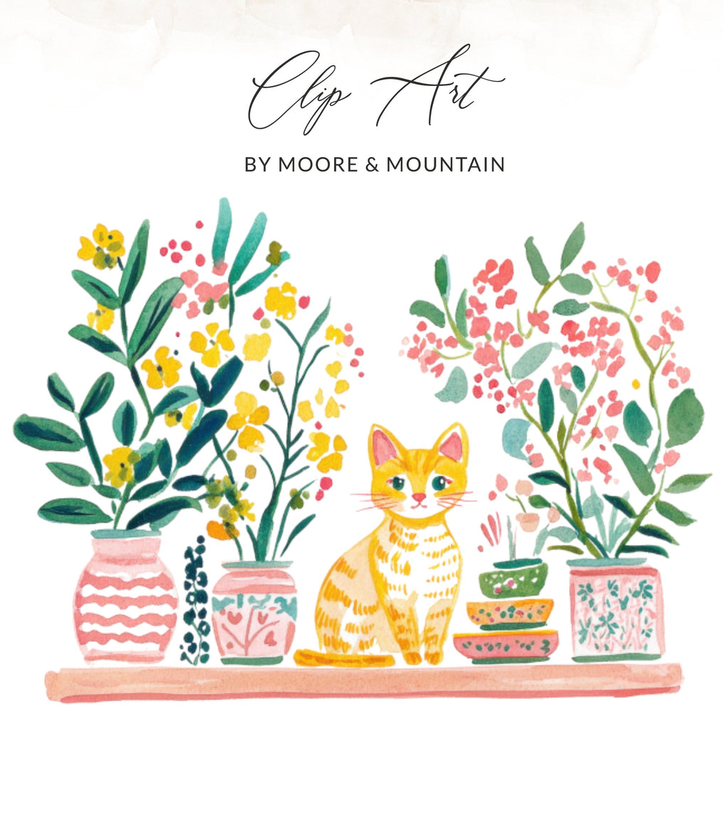 Watercolor illustration of a tabby cat between two vases of flowers.