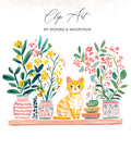 Watercolor illustration of a tabby cat between two vases of flowers.