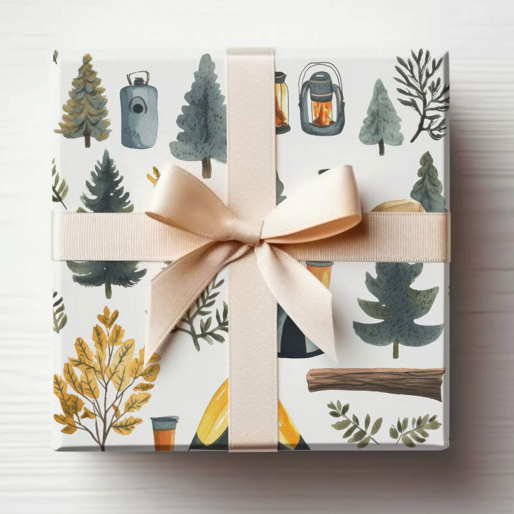Forest and Camping Themed Gift Wrap with Ribbon