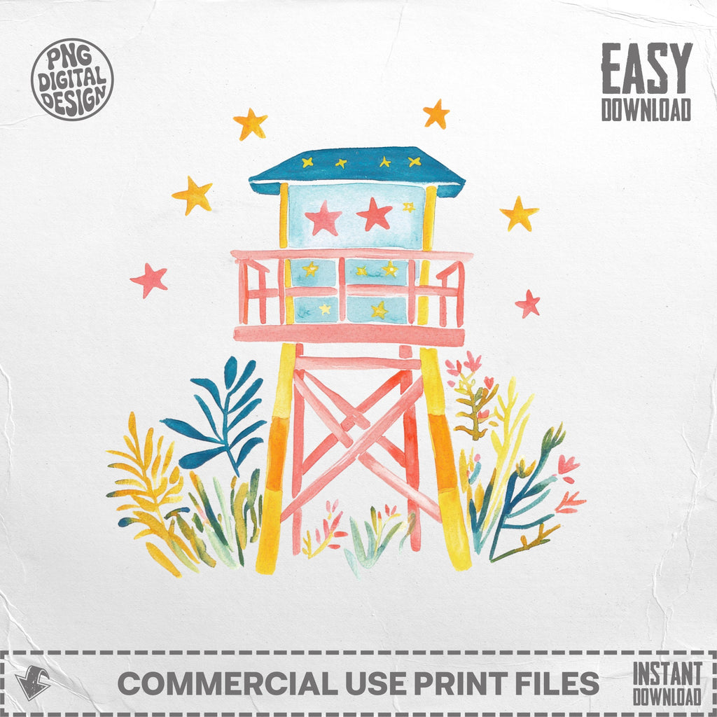 Watercolor illustration of a lifeguard tower with stars and foliage, "EASY DOWNLOAD" text.