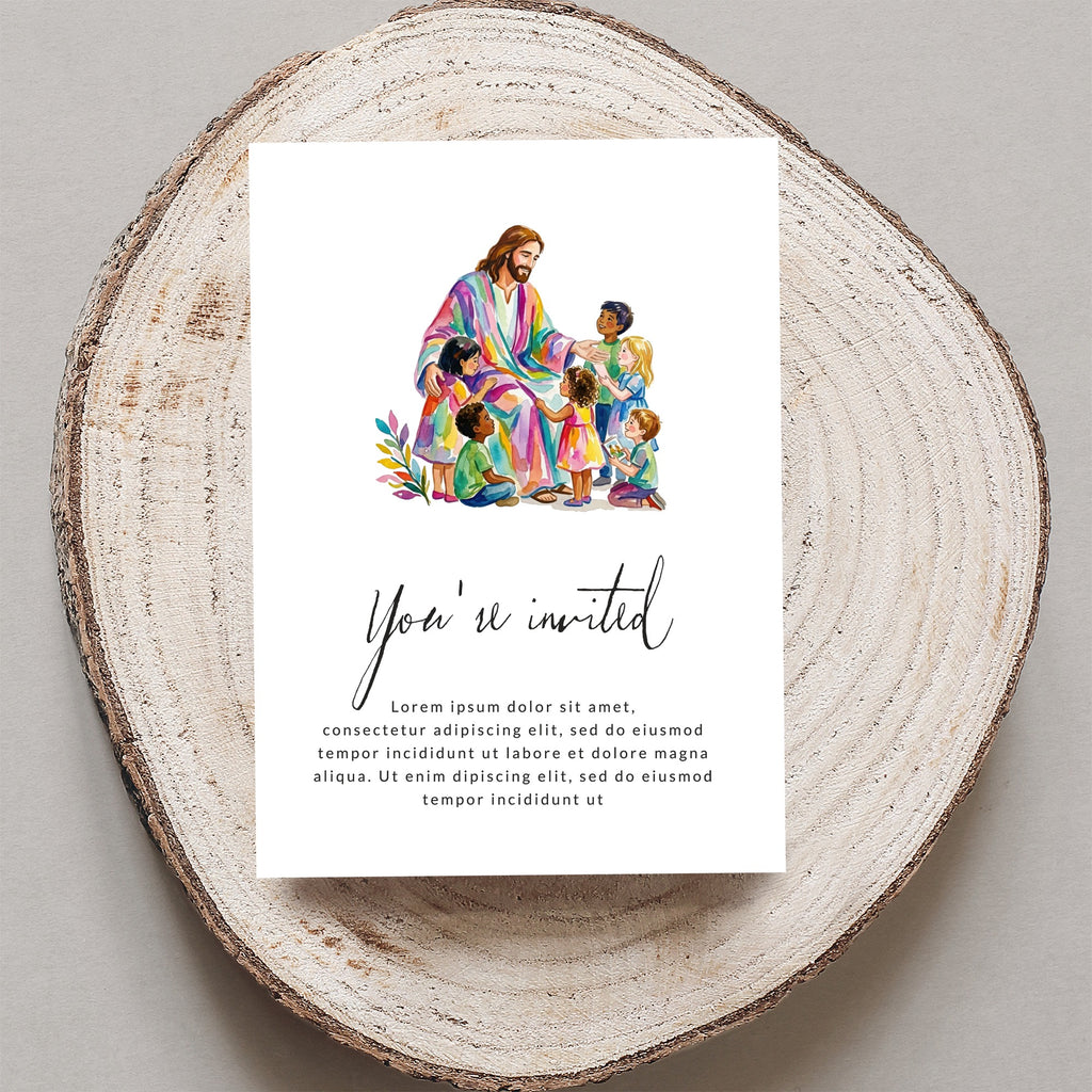 Invitation with Jesus and children, "You're invited" text.