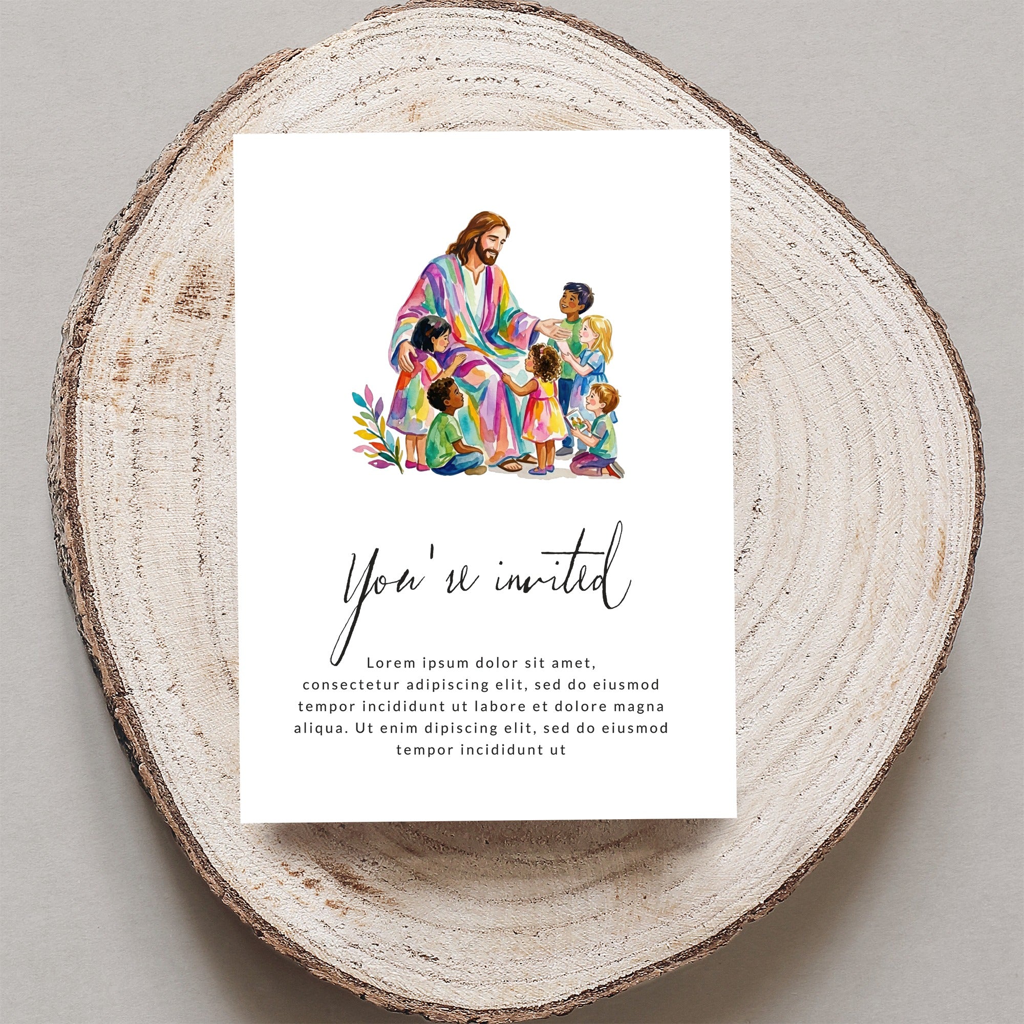 Invitation with Jesus and children, "You're invited" text.