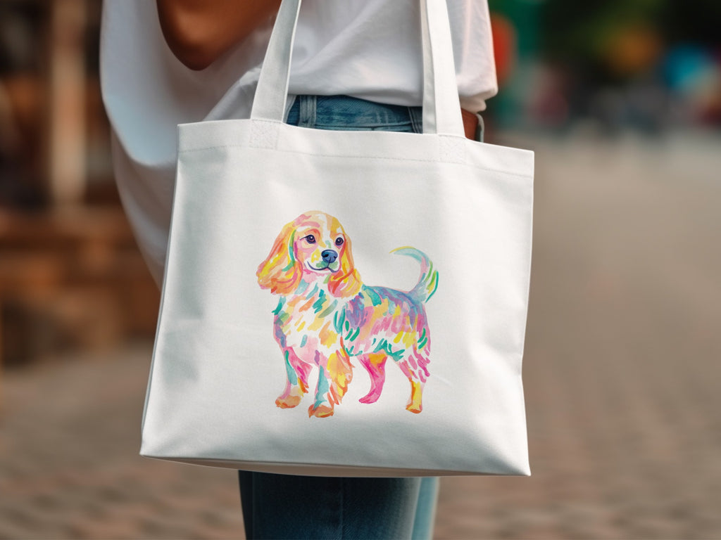 White tote bag with colorful watercolor dog illustration.