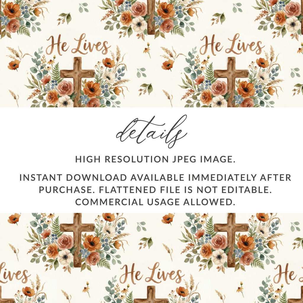He Lives Cross Floral Watercolor Art Digital Image