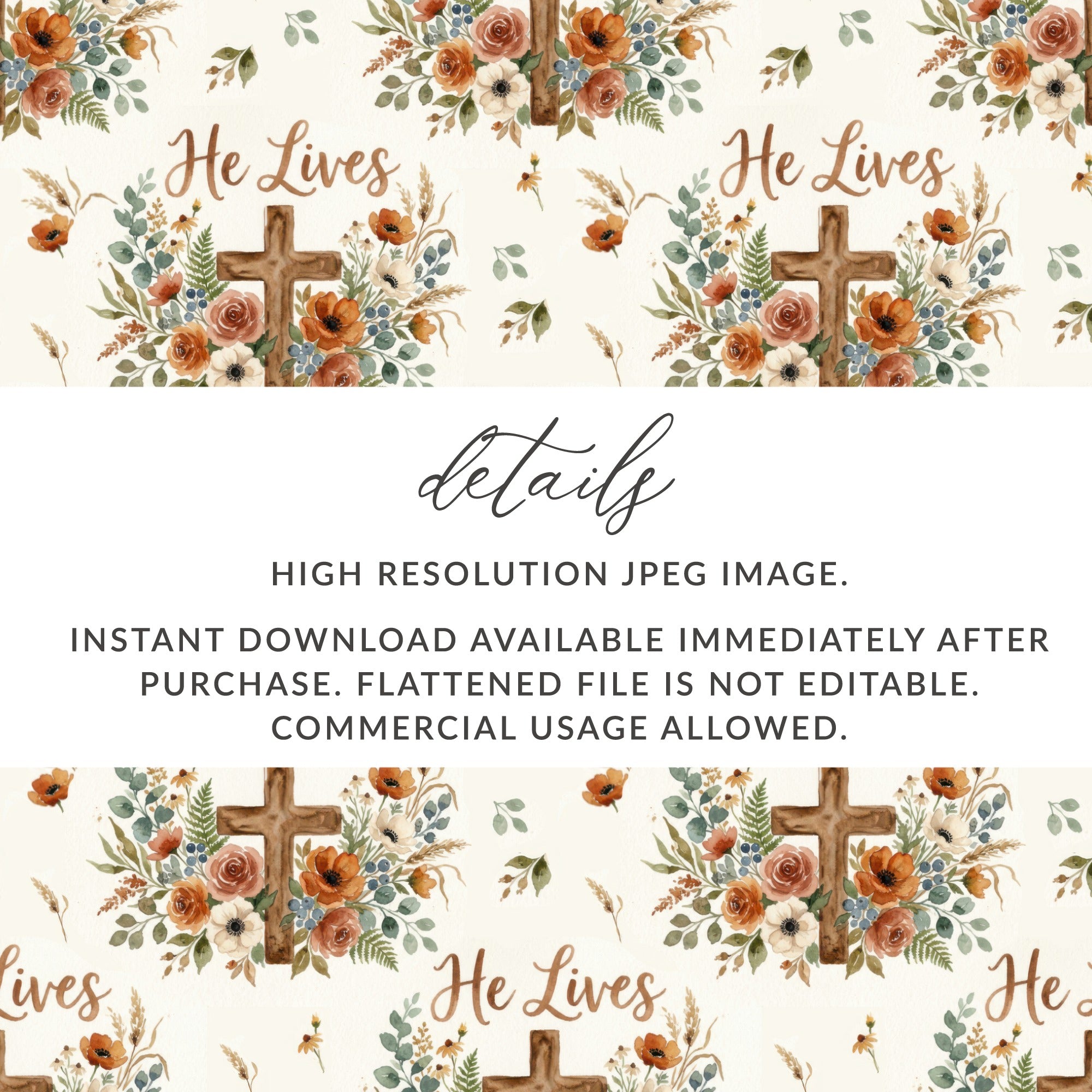 He Lives Cross Floral Watercolor Art Digital Image