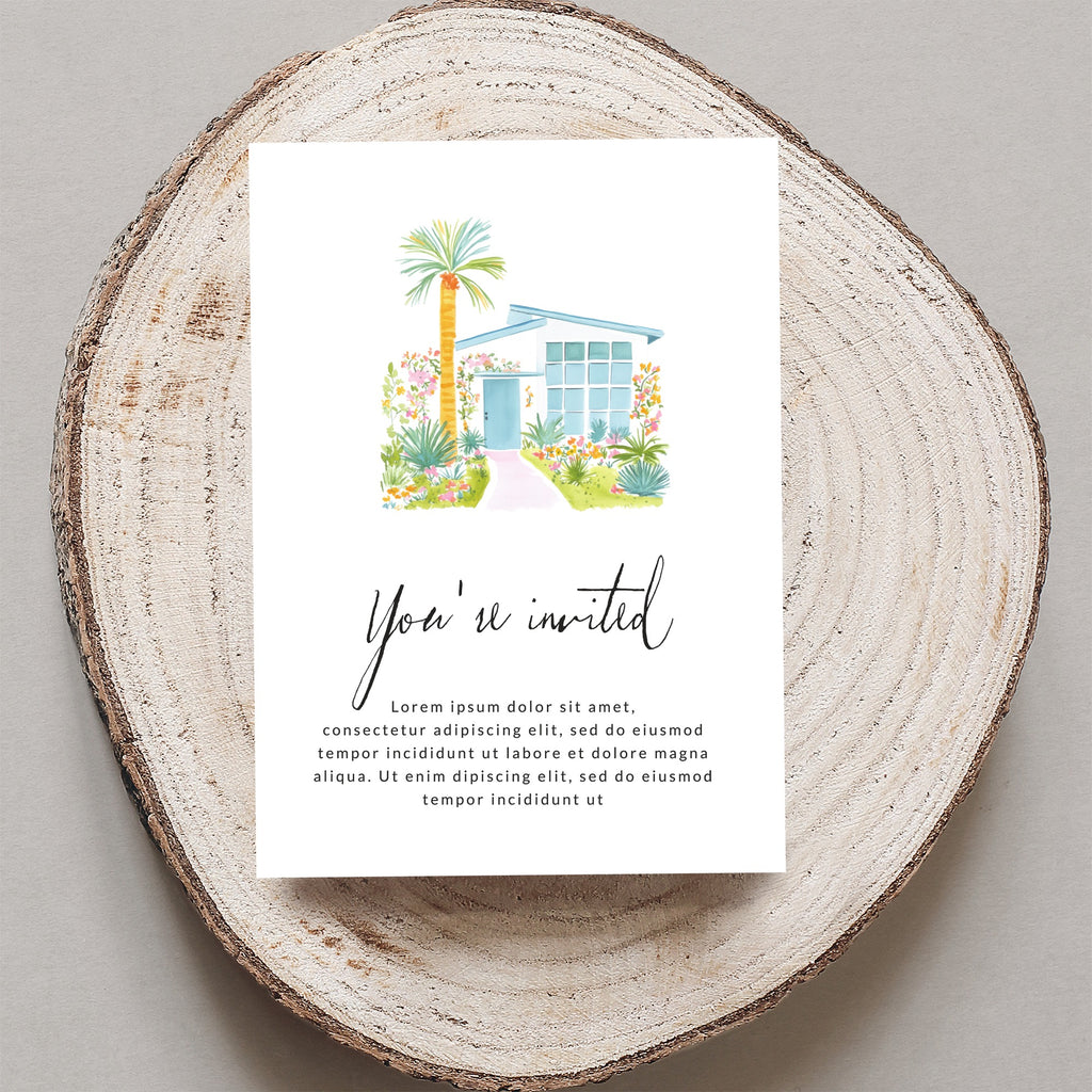 Invitation with watercolor house, palm tree, and text.