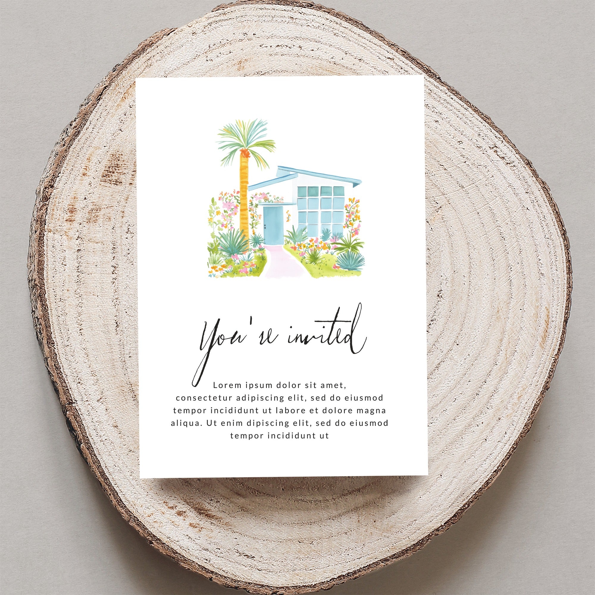 Invitation with watercolor house, palm tree, and text.