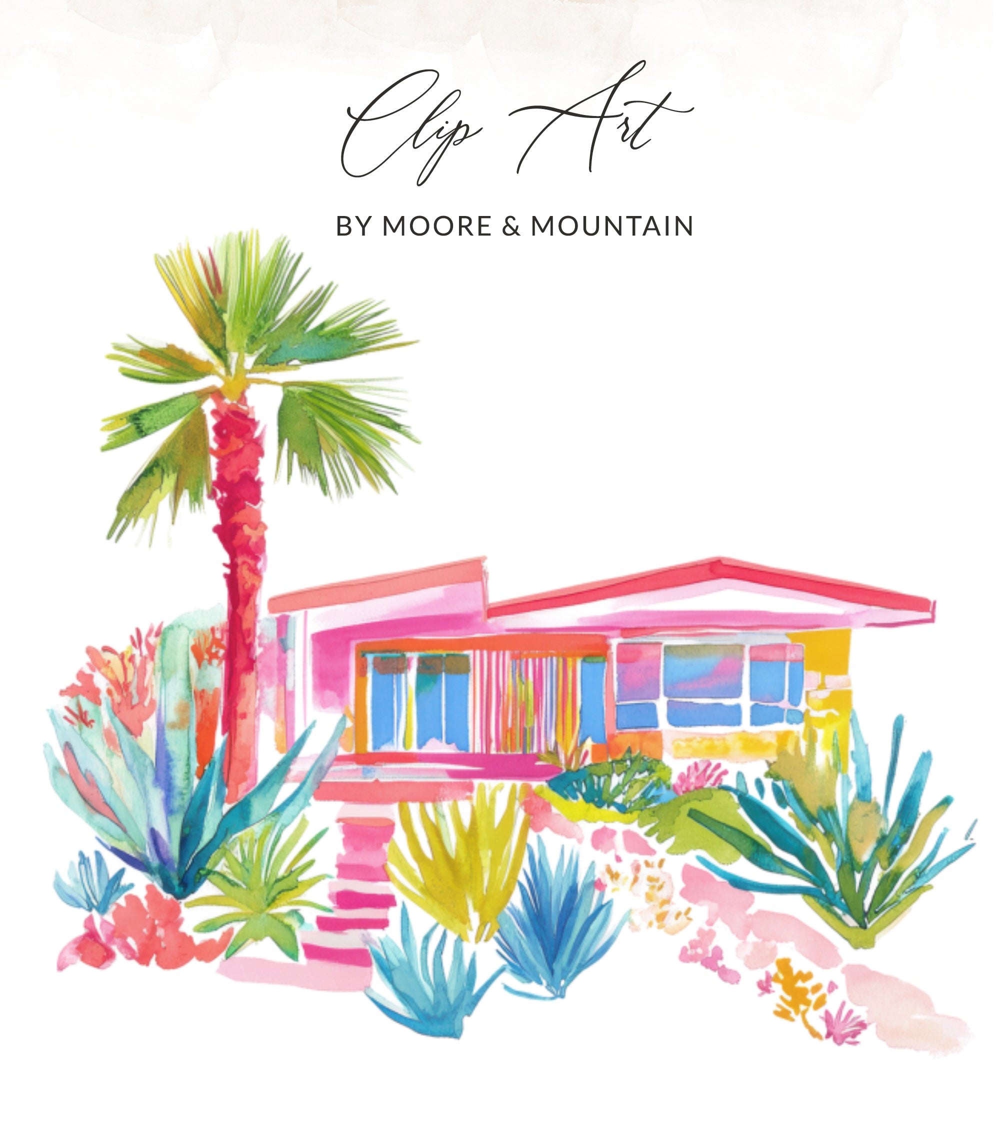 Watercolor illustration of a pink mid-century modern house with palm trees and colorful desert plants.