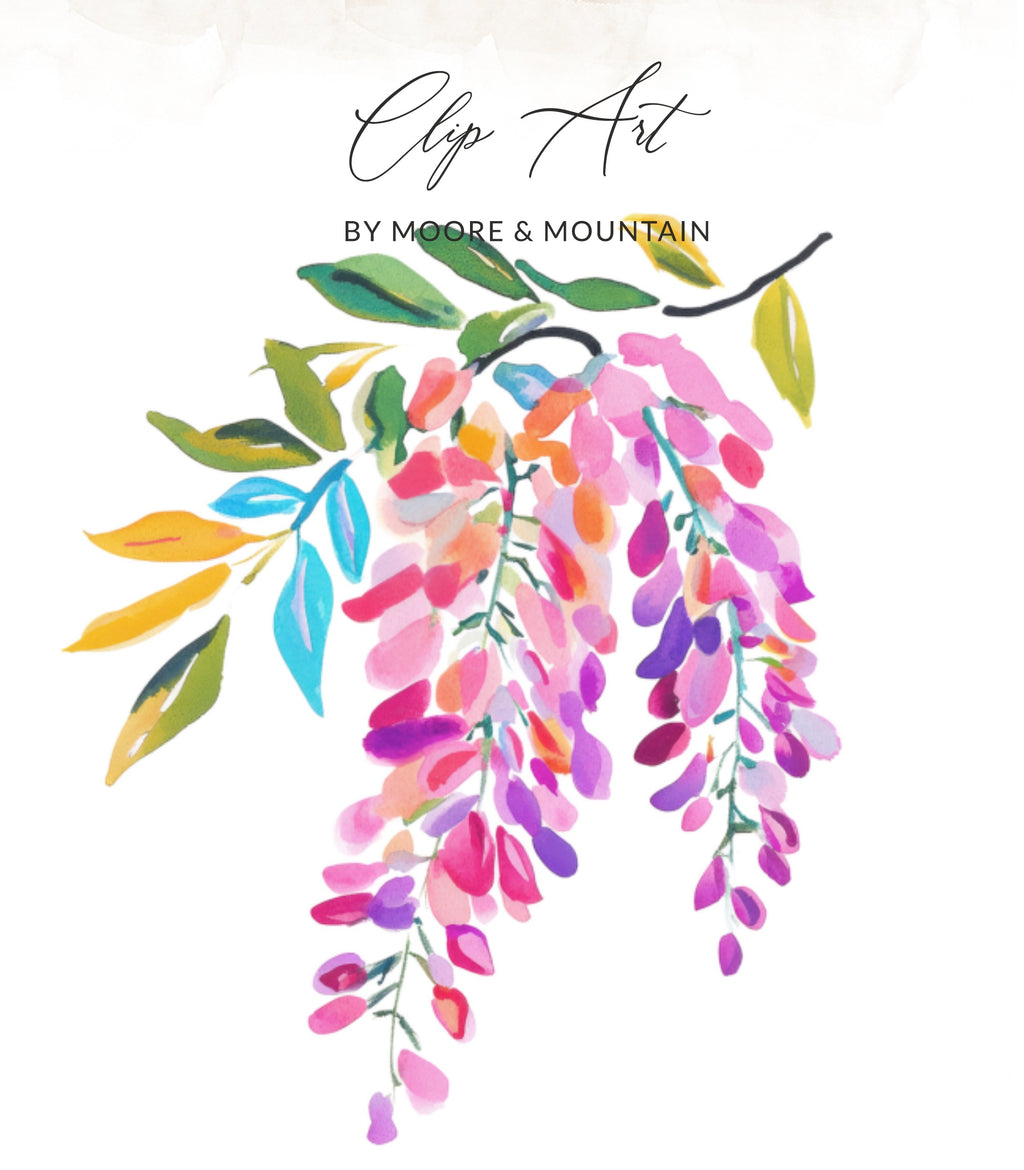 Watercolor wisteria illustration with "Clip Art" and "BY MOORE & MOUNTAIN" text.