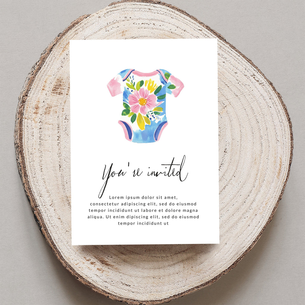 Baby onesie invitation with floral design and "You're invited" text.