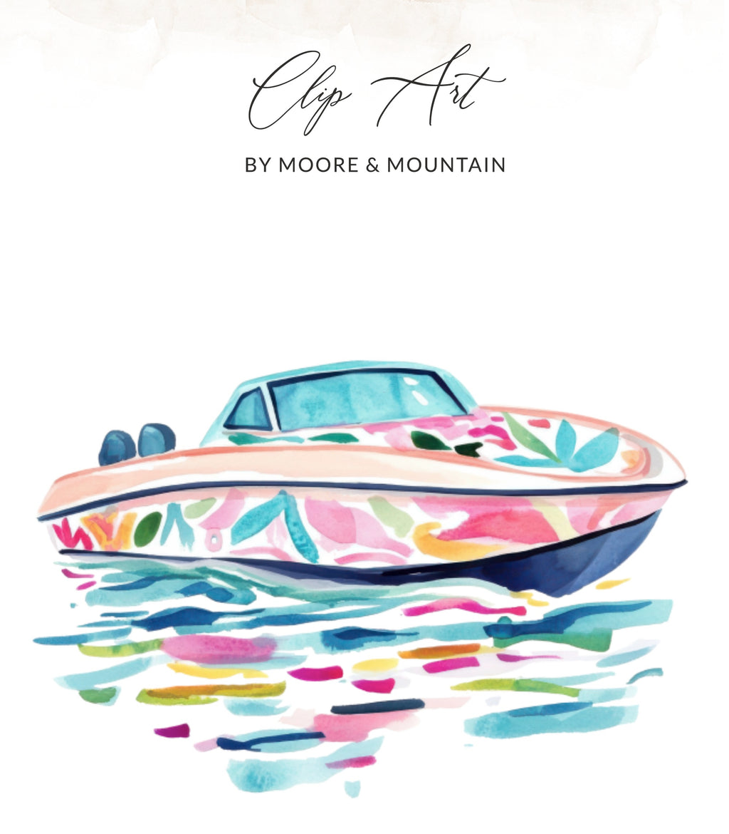Colorful watercolor boat with floral pattern on abstract water.